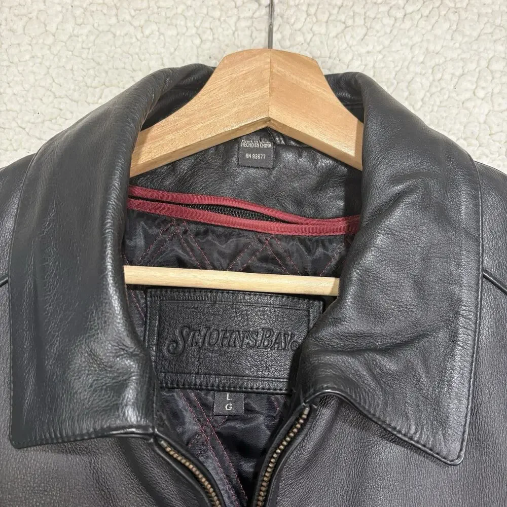 VTG St. John's Bay Genuine Leather Jacket‎ Mens Large Black Bomber Quilted Lined